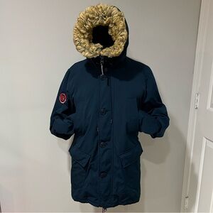Superdry Navy Parka Jacket with Faux Fur Hood Size S